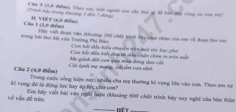 Dap an de thi vao lop 10 mon Van 2025 - Ha Giang