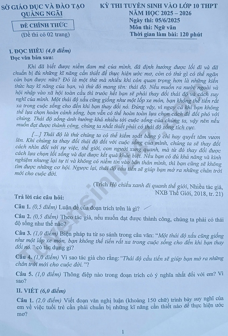 Dap an de thi vao lop 10 mon Van 2025 - Quang Ngai