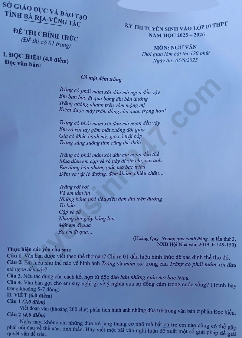 Dap an de thi vao lop 10 mon Van 2025 - Vung Tau