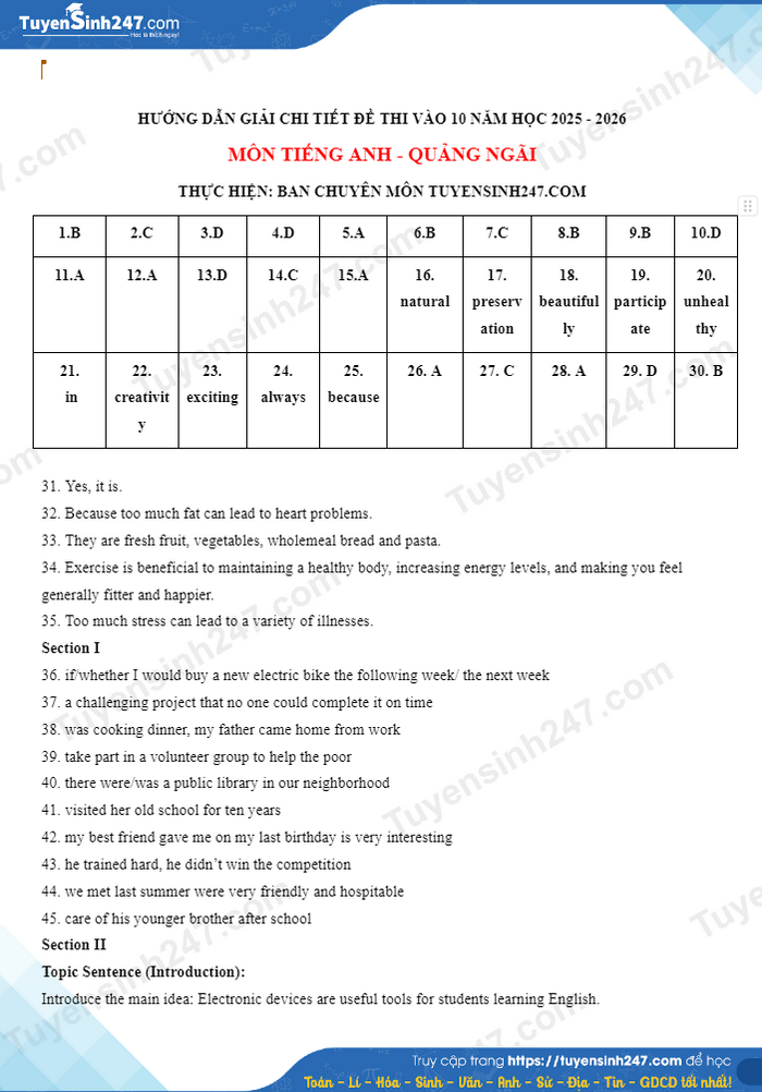 Dap an de thi vao lop 10 Quang Ngai mon Anh 2025
