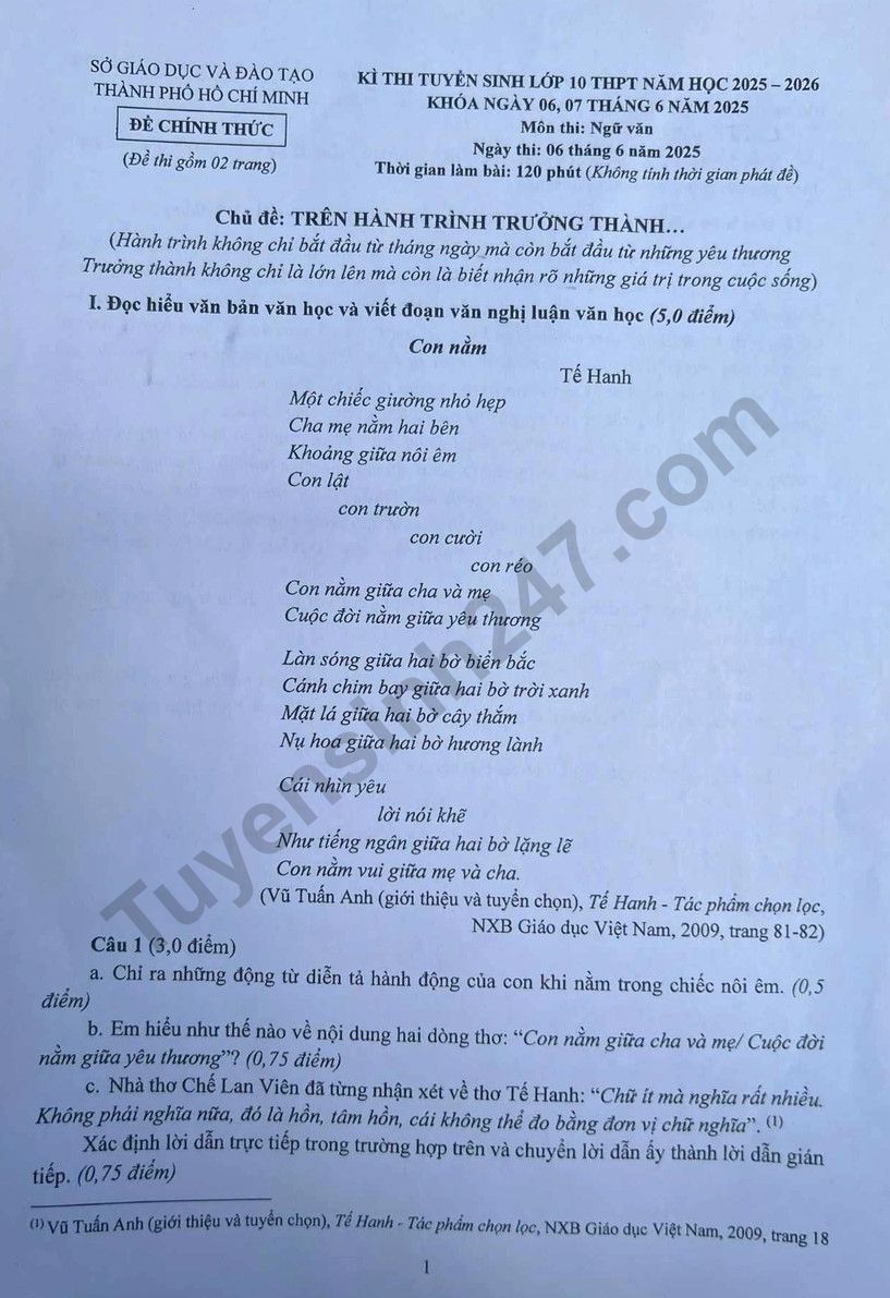 Dap an de thi vao lop 10 mon Van 2025 - TPHCM