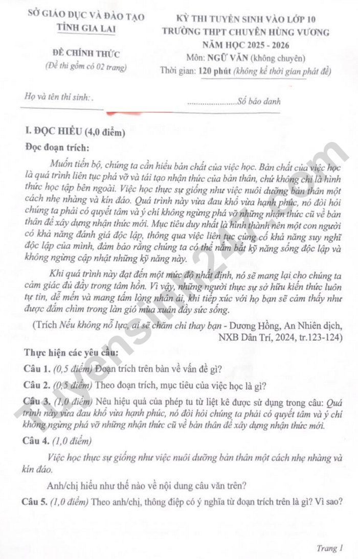 De thi vao lop 10 THPT chuyen nam 2025 mon Van - Gia Lai