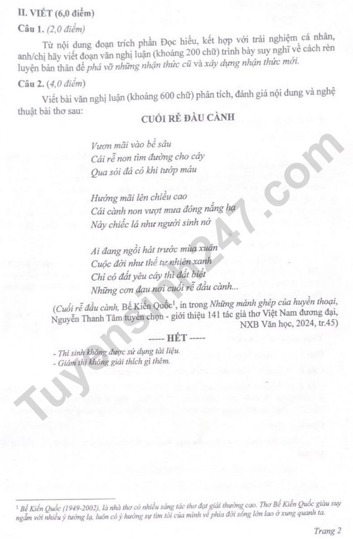 De thi vao lop 10 THPT chuyen nam 2025 mon Van - Gia Lai