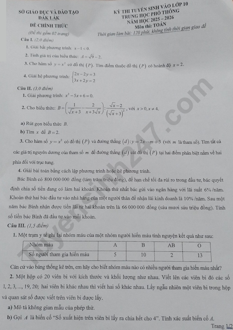 Dap an de thi vao lop 10 mon Toan - Dak Lak 2025