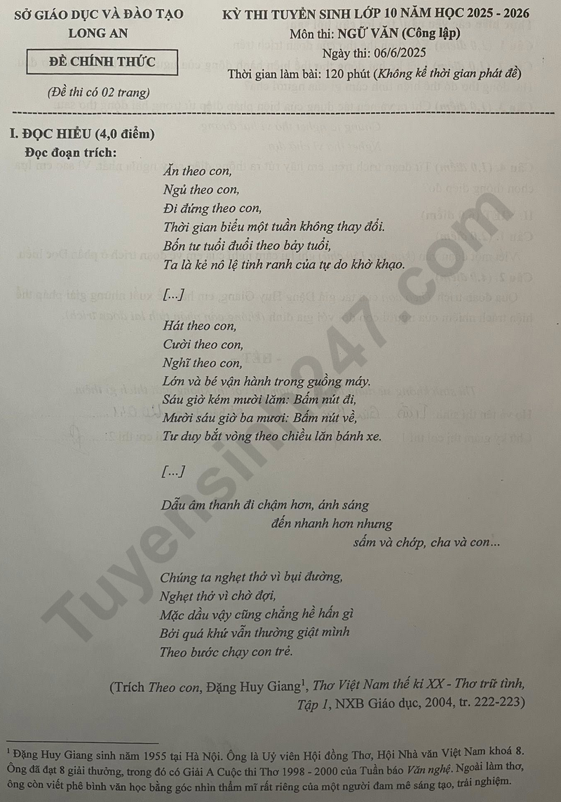 Dap an de thi vao lop 10 nam 2025 mon Van - Long An