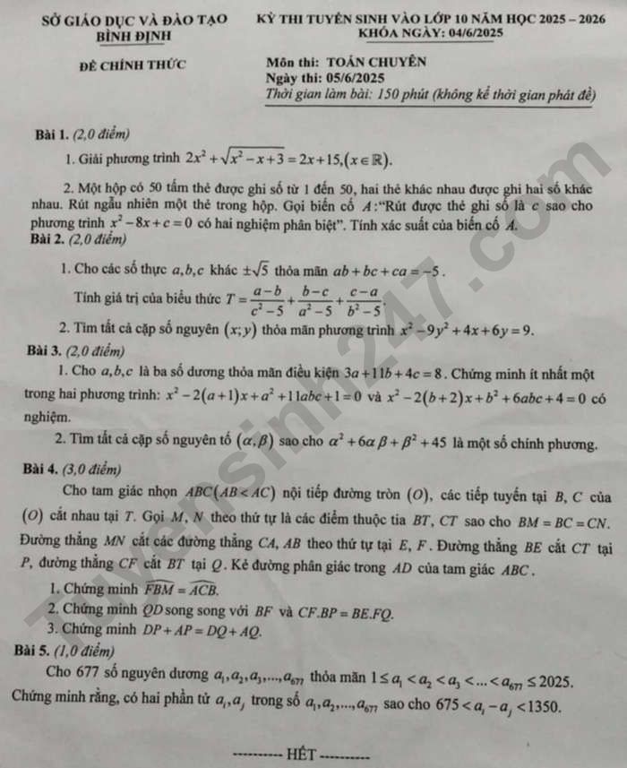 De thi vao lop 10 nam 2025 mon Toan chuyen - Binh Dinh