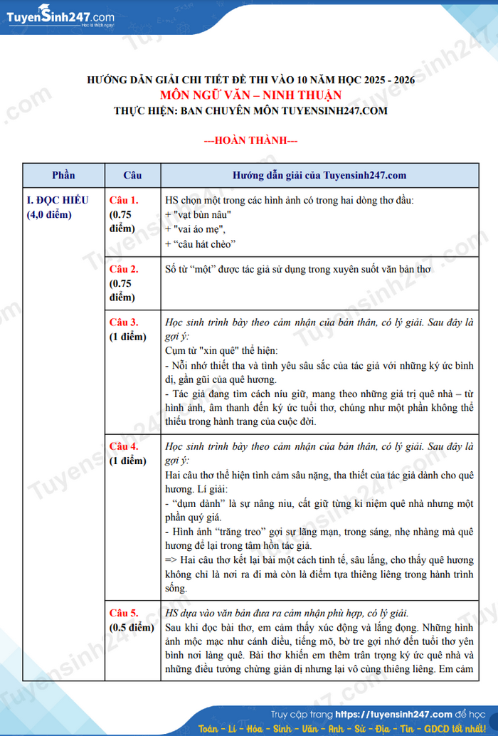 Dap an de thi mon Van vao lop 10 - Ninh Thuan 2025