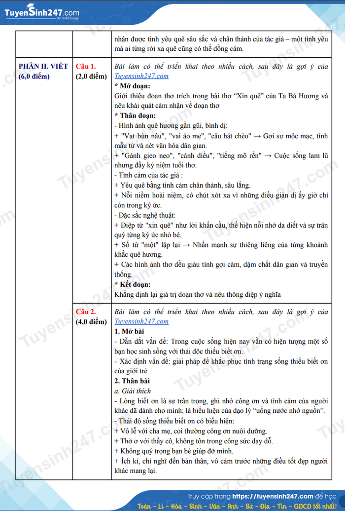 Dap an de thi mon Van vao lop 10 - Ninh Thuan 2025