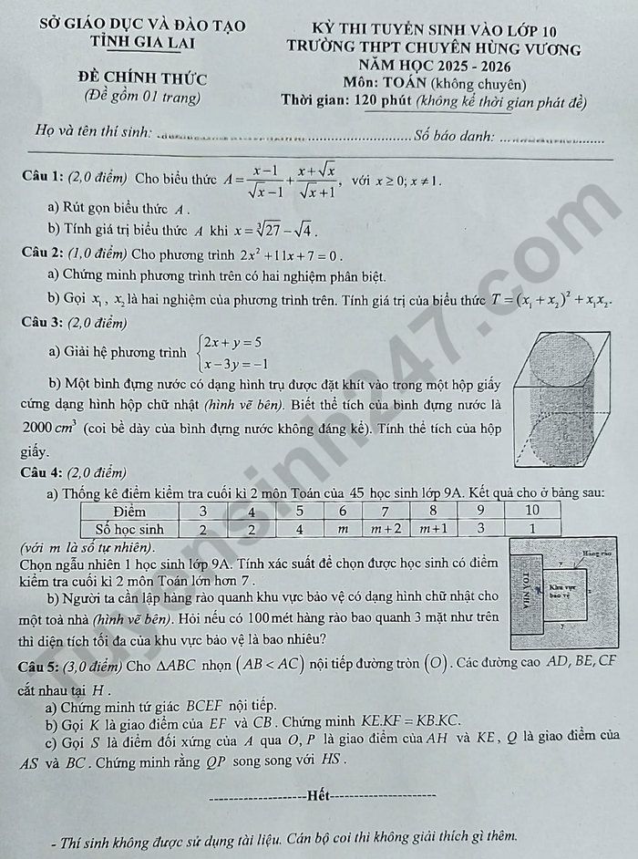 De thi vao lop 10 THPT chuyen mon Toan - Gia Lai 2025