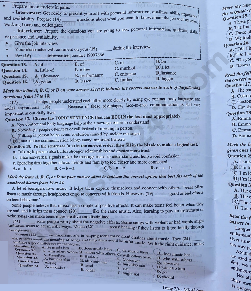 Dap an de thi vao lop 10 mon Anh - Ha Noi 2025 - Ma de 009