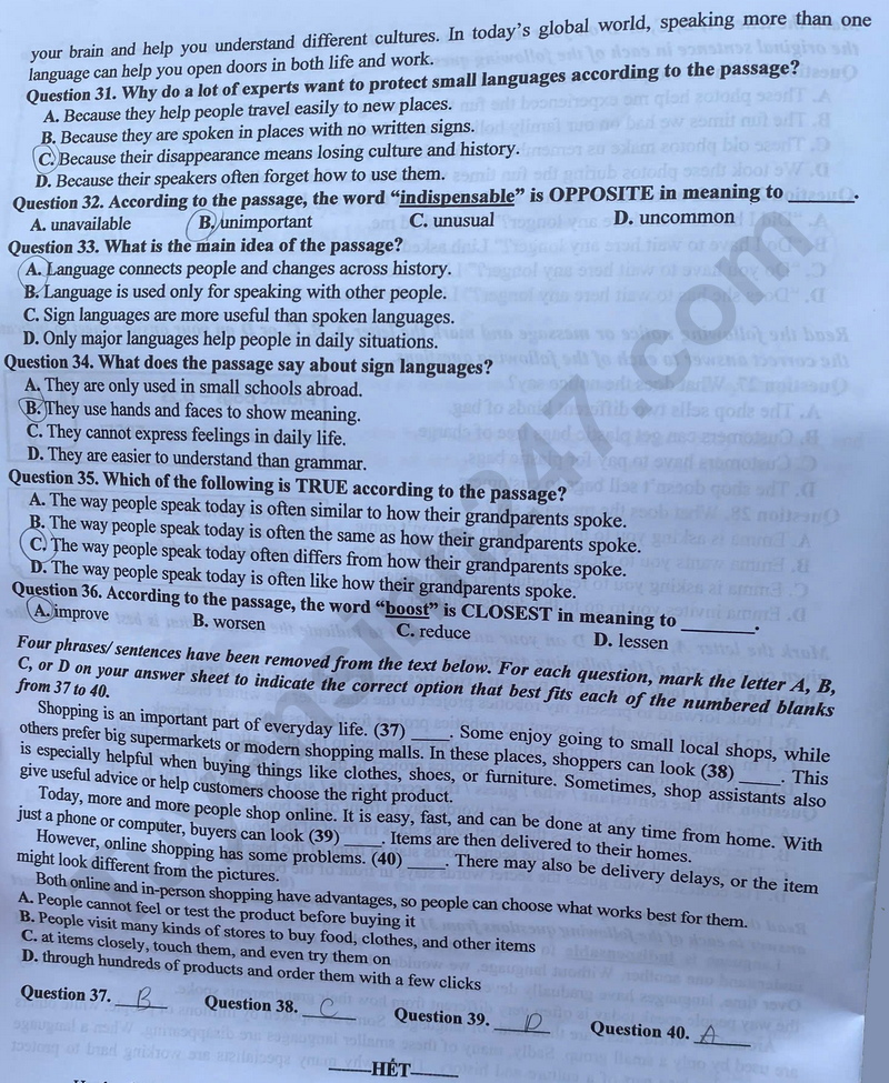 Dap an de thi vao lop 10 mon Anh - Ha Noi 2025 - Ma de 009
