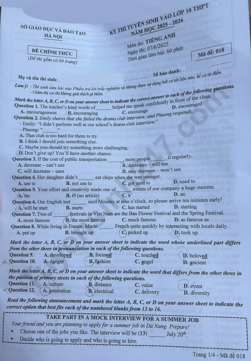 Dap an de thi vao lop 10 mon Anh 2025 - Ha Noi - Ma de 018