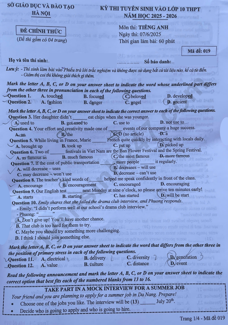 Dap an de thi vao lop 10 mon Anh 2025 - Ha Noi - Ma de 019