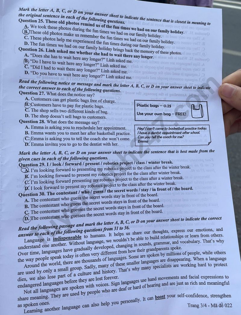 Dap an de thi vao lop 10 mon Anh - Ha Noi 2025 - Ma de 022