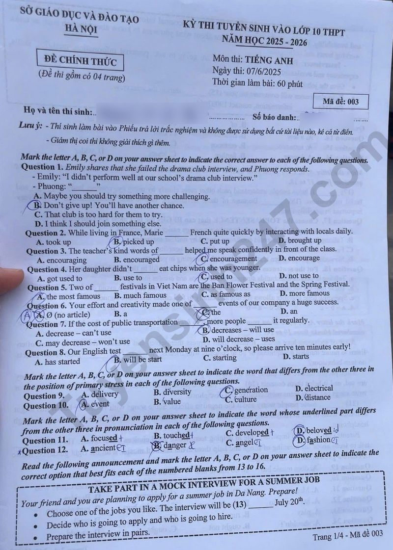 Dap an de thi vao lop 10 mon Anh 2025 - Ha Noi - Ma de 003
