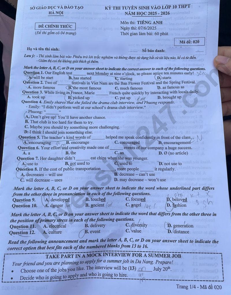 Dap an de thi vao lop 10 mon Anh - Ha Noi 2025 - Ma de 020
