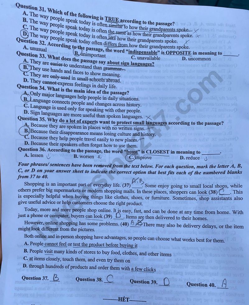 Dap an de thi vao lop 10 mon Anh - Ha Noi 2025 - Ma de 002