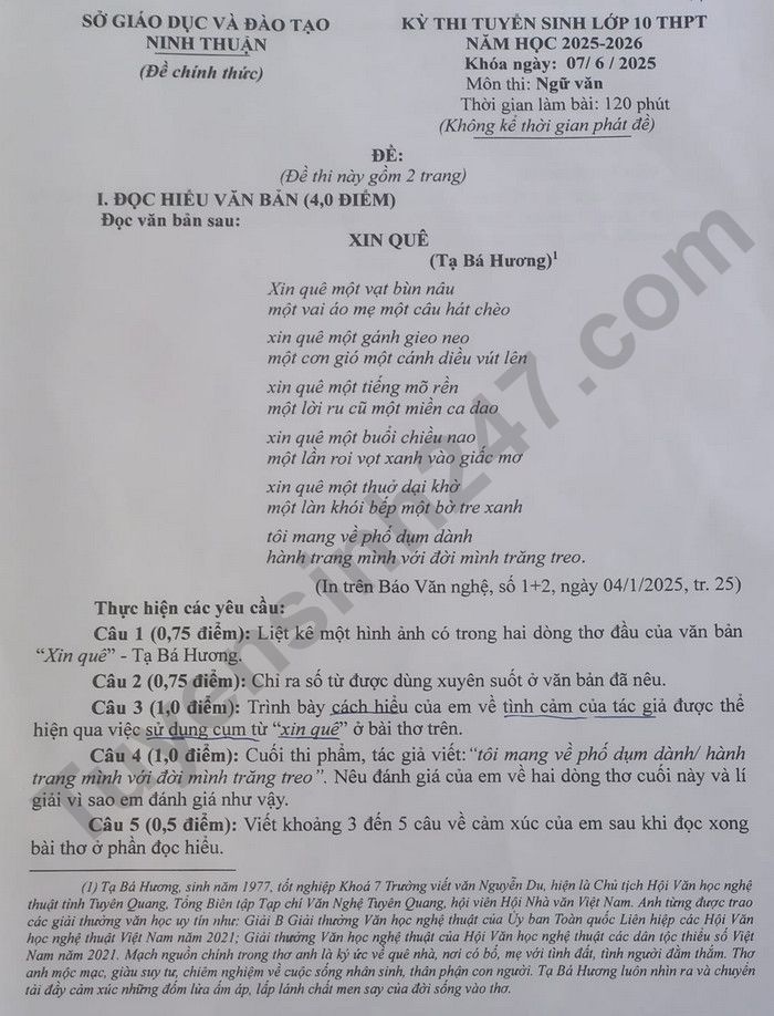 Dap an de thi mon Van vao lop 10 - Ninh Thuan 2025