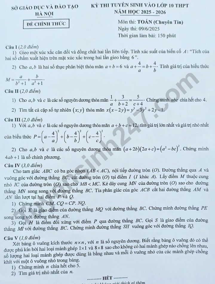 De thi vao lop 10 mon Toan chuyen Tin - Ha Noi 2025
