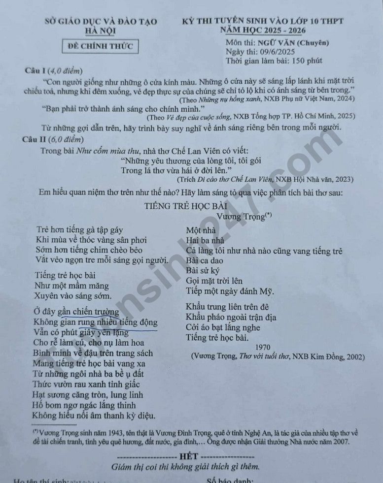 De thi vao lop 10 mon Van Chuyen - Ha Noi 2025