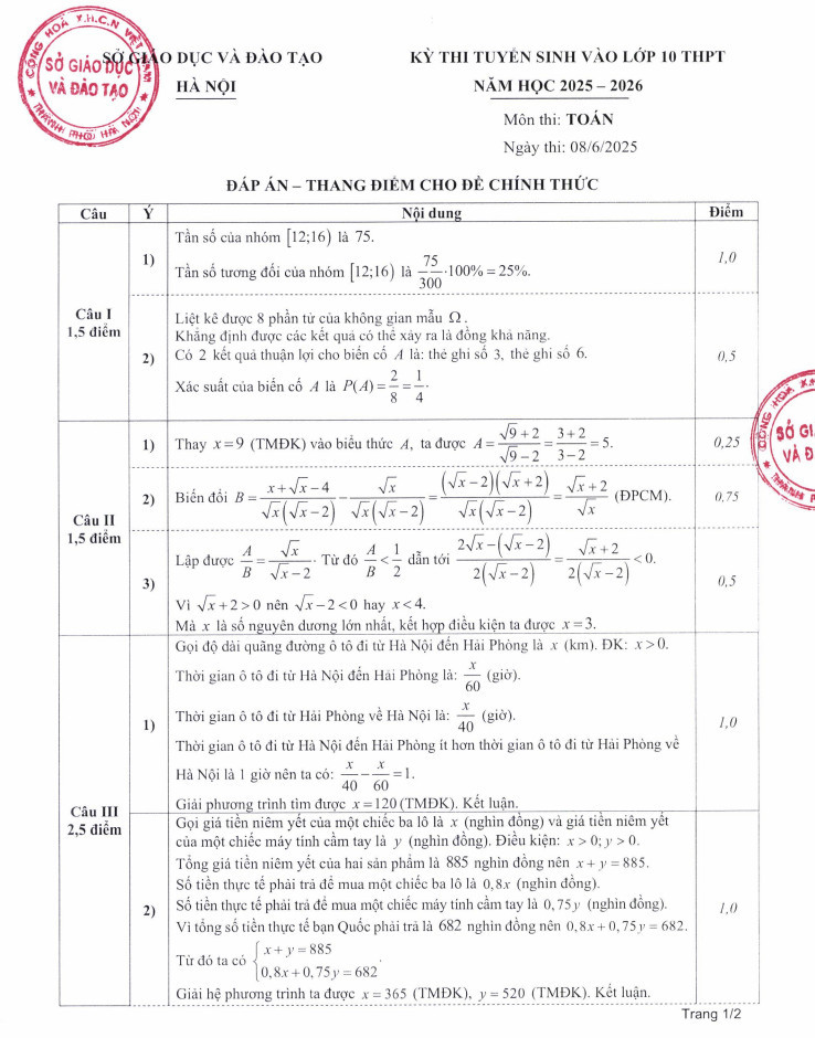 Dap an de thi vao lop 10 Ha Noi nam 2025 - Chinh thuc
