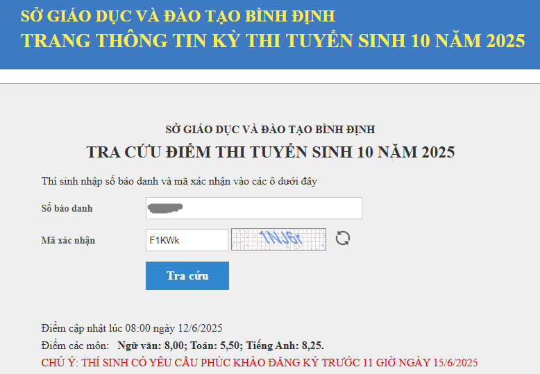 Da co diem thi vao lop 10 Binh Dinh nam 2025