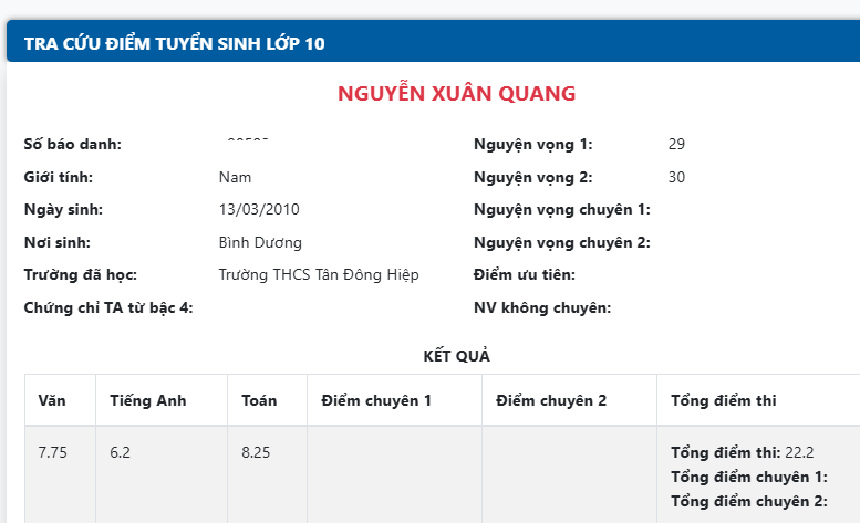 Da co diem thi vao lop 10 Binh Duong 2025