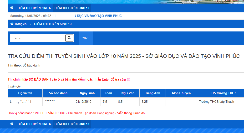 Da co diem thi vao lop 10 Vinh Phuc 2025