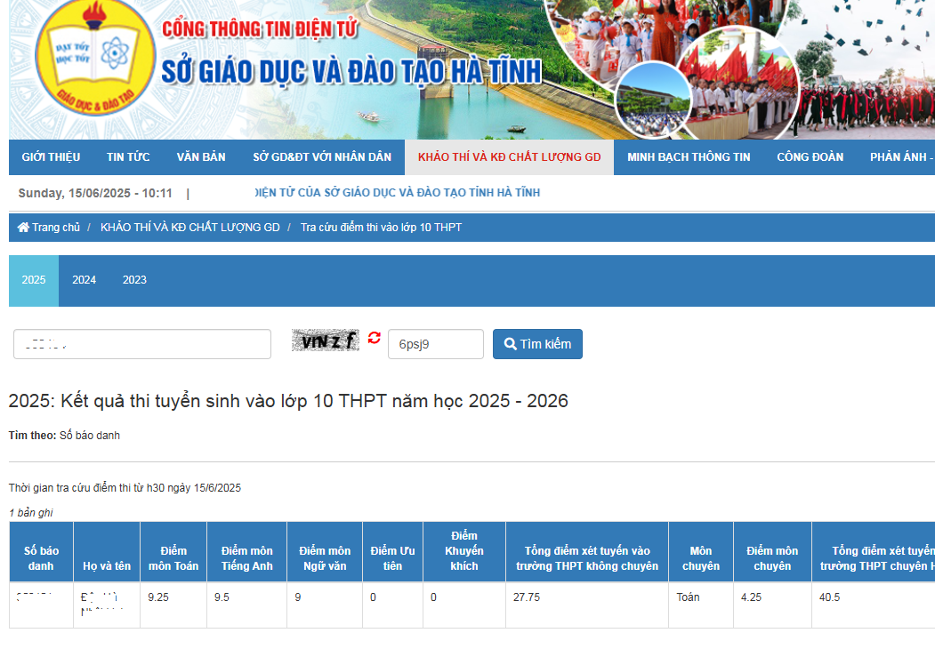 Da co diem thi vao lop 10 Ha Tinh nam 2025