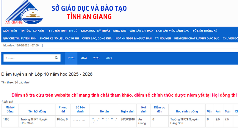 Da co diem thi vao lop 10 An Giang nam 2025