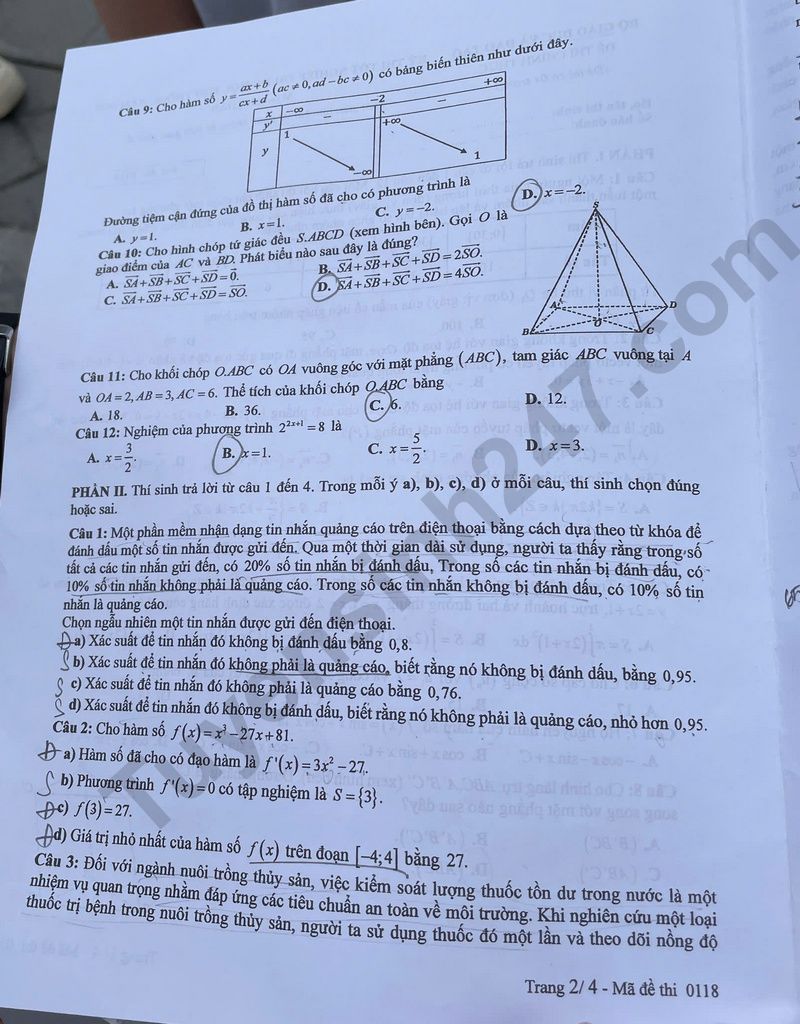 Dap an mon Toan - Ma de 0118 tot nghiep THPT 2025