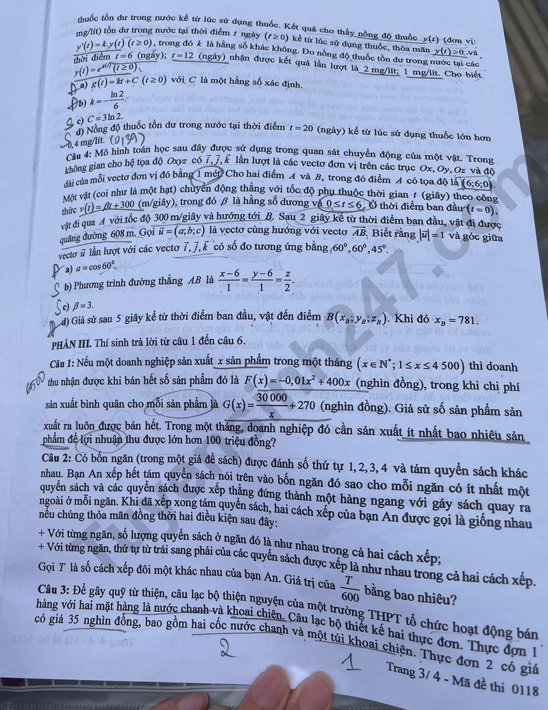 Dap an mon Toan - Ma de 0118 tot nghiep THPT 2025