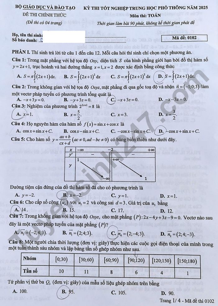 Dap an de thi mon Toan tot nghiep THPT - ma de 0102 nam 2025