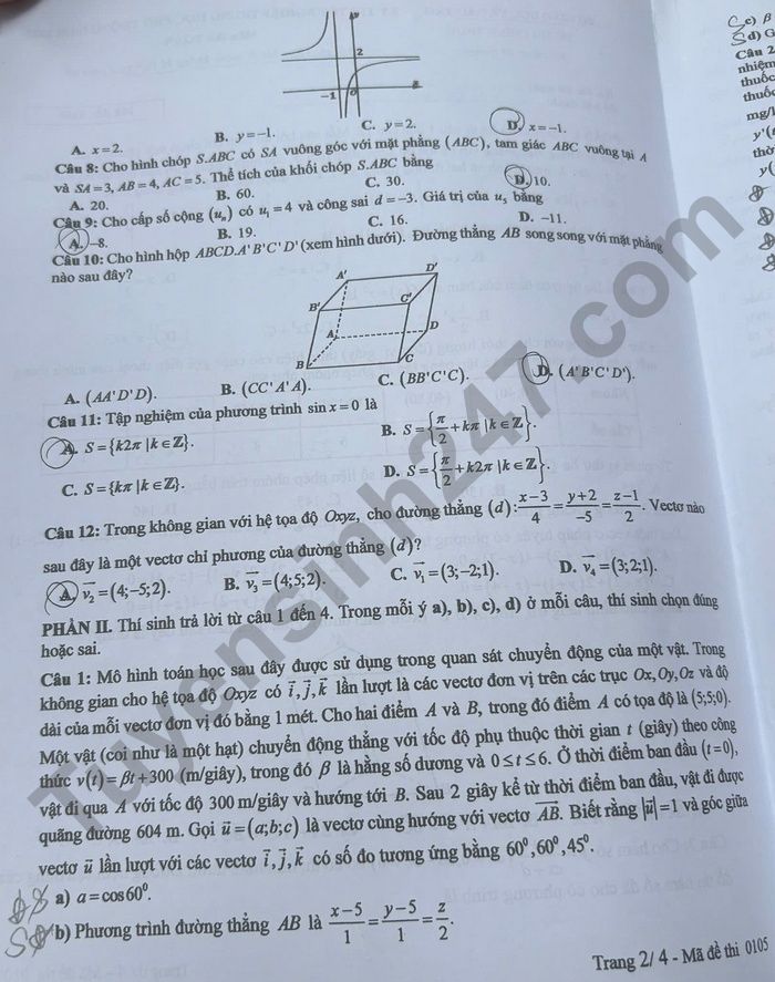 Dap an de thi tot nghiep THPT 2025 mon Toan - ma de 0105