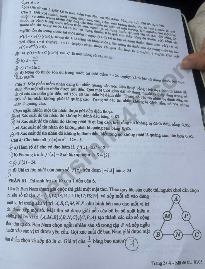 Dap an de thi tot nghiep THPT 2025 mon Toan - ma de 0105