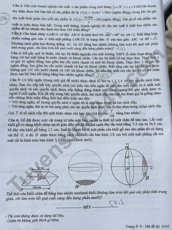 Dap an de thi tot nghiep THPT 2025 mon Toan - ma de 0105