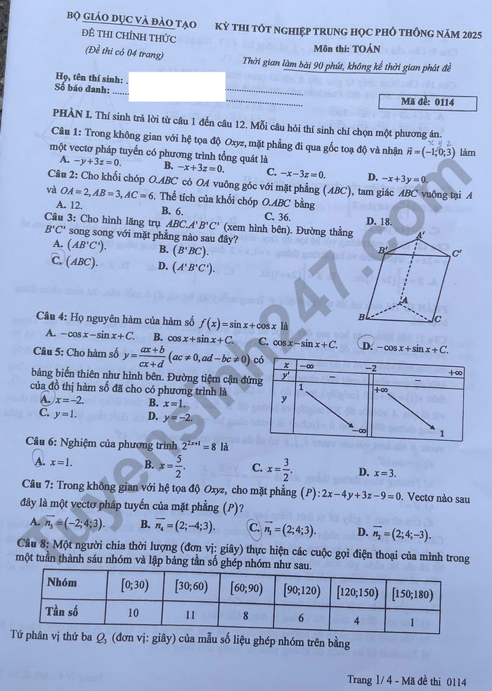 Dap an de thi tot nghiep THPT mon Toan 2025 - Ma de 0114