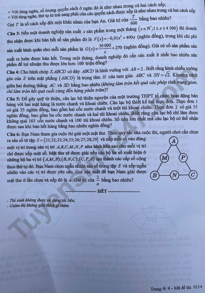 Dap an de thi tot nghiep THPT mon Toan 2025 - Ma de 0114