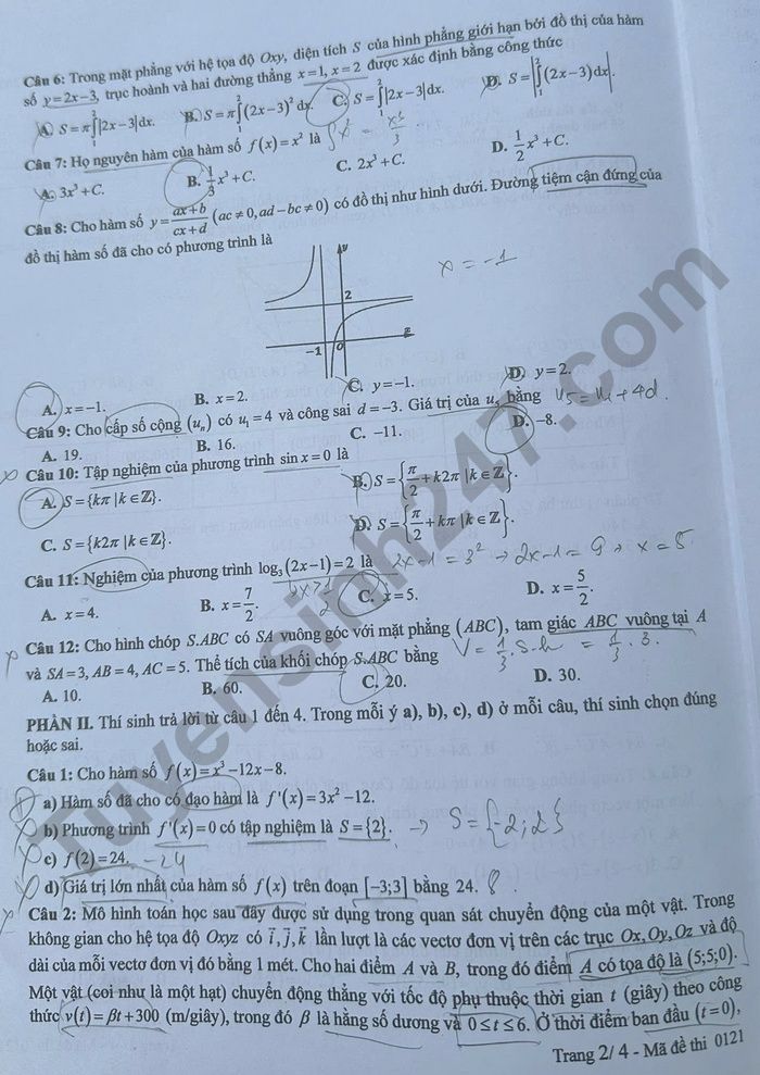 Dap an de thi tot nghiep THPT 2025 mon Toan - Ma de 0121