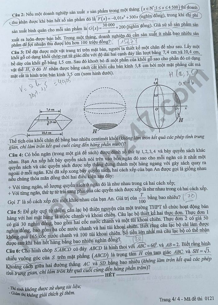 Dap an de thi tot nghiep THPT 2025 mon Toan - Ma de 0121