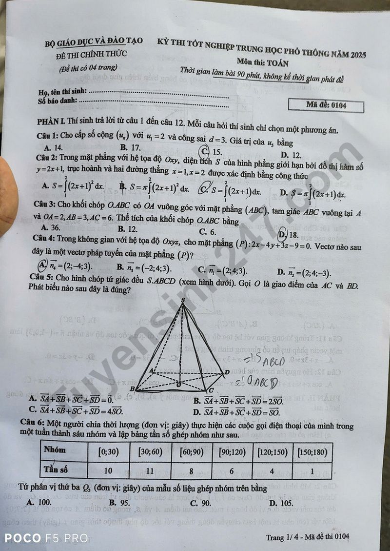 Dap an de thi tot nghiep THPT nam 2025 - Ma de 0104 mon Toan
