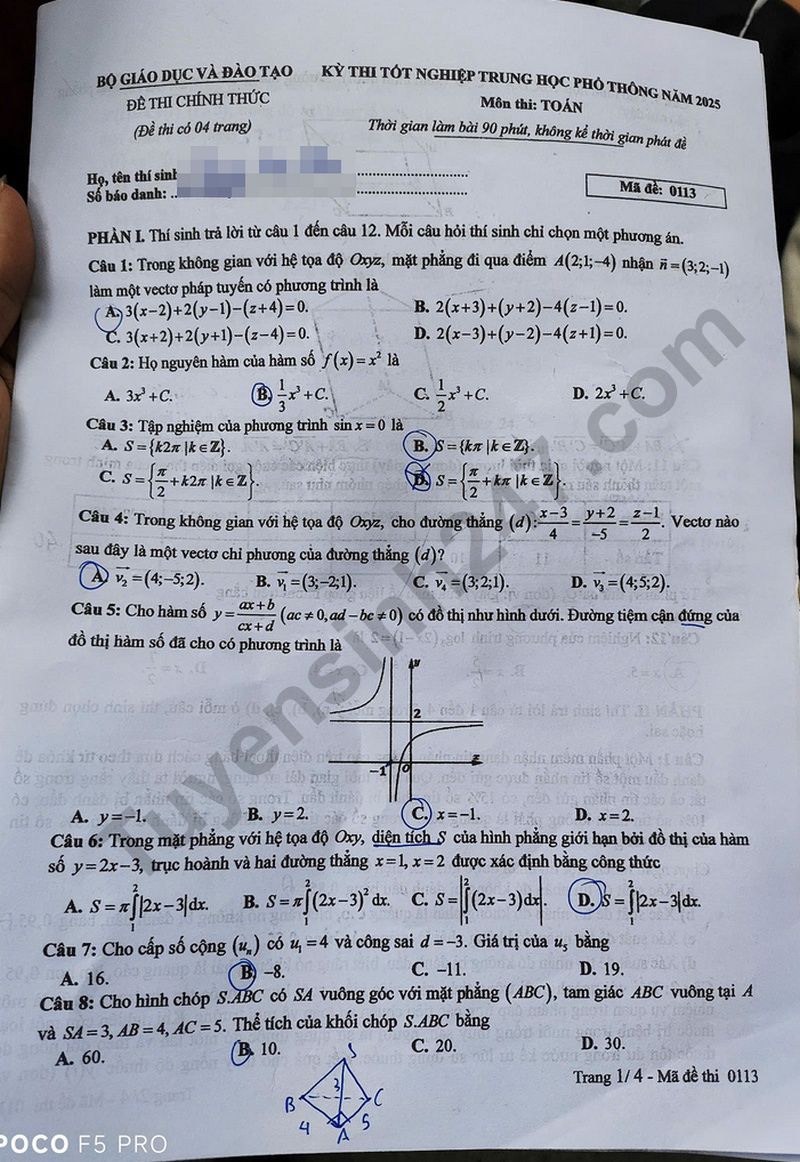 Dap an de thi tot nghiep THPT 2025 - ma de 0113 mon Toan
