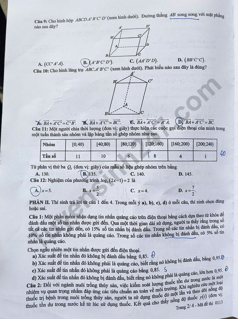 Dap an de thi tot nghiep THPT 2025 - ma de 0113 mon Toan