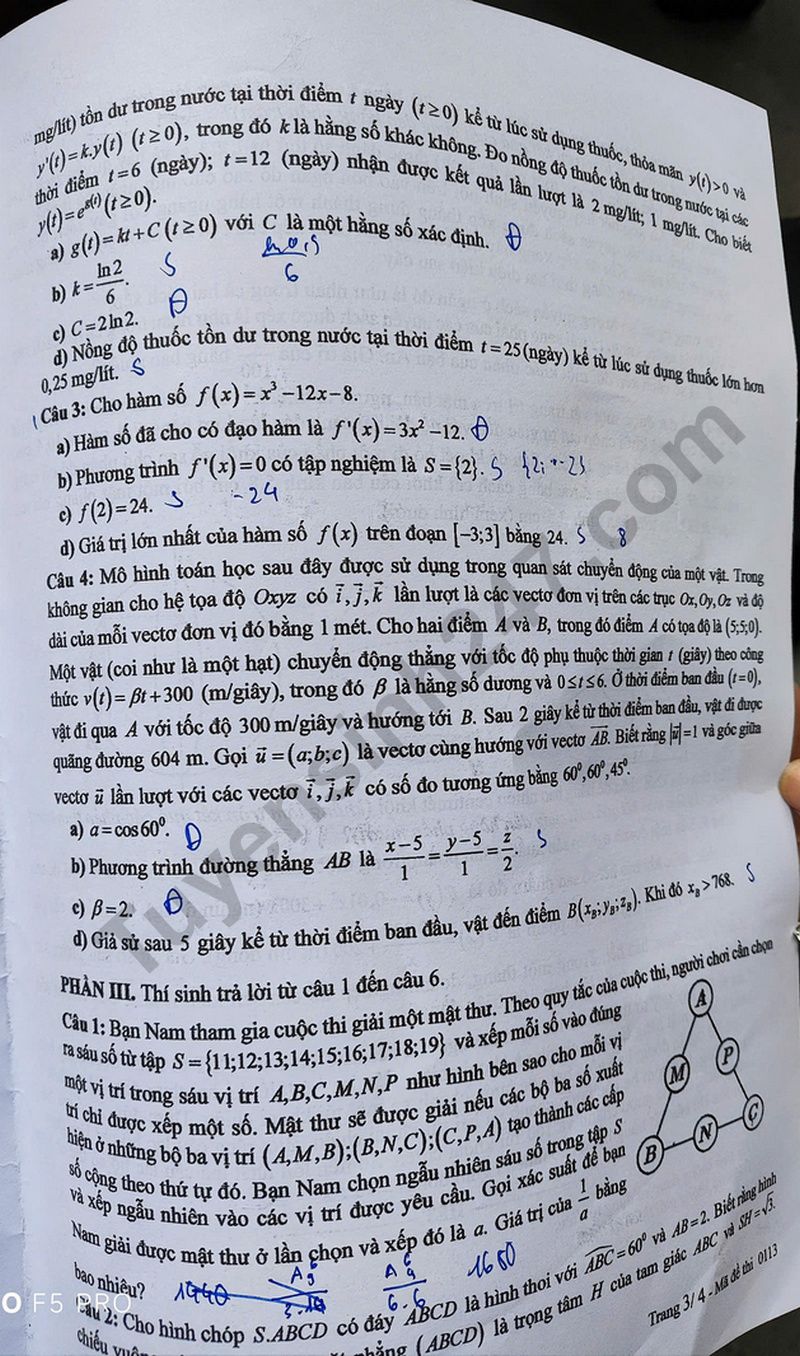 Dap an de thi tot nghiep THPT 2025 - ma de 0113 mon Toan