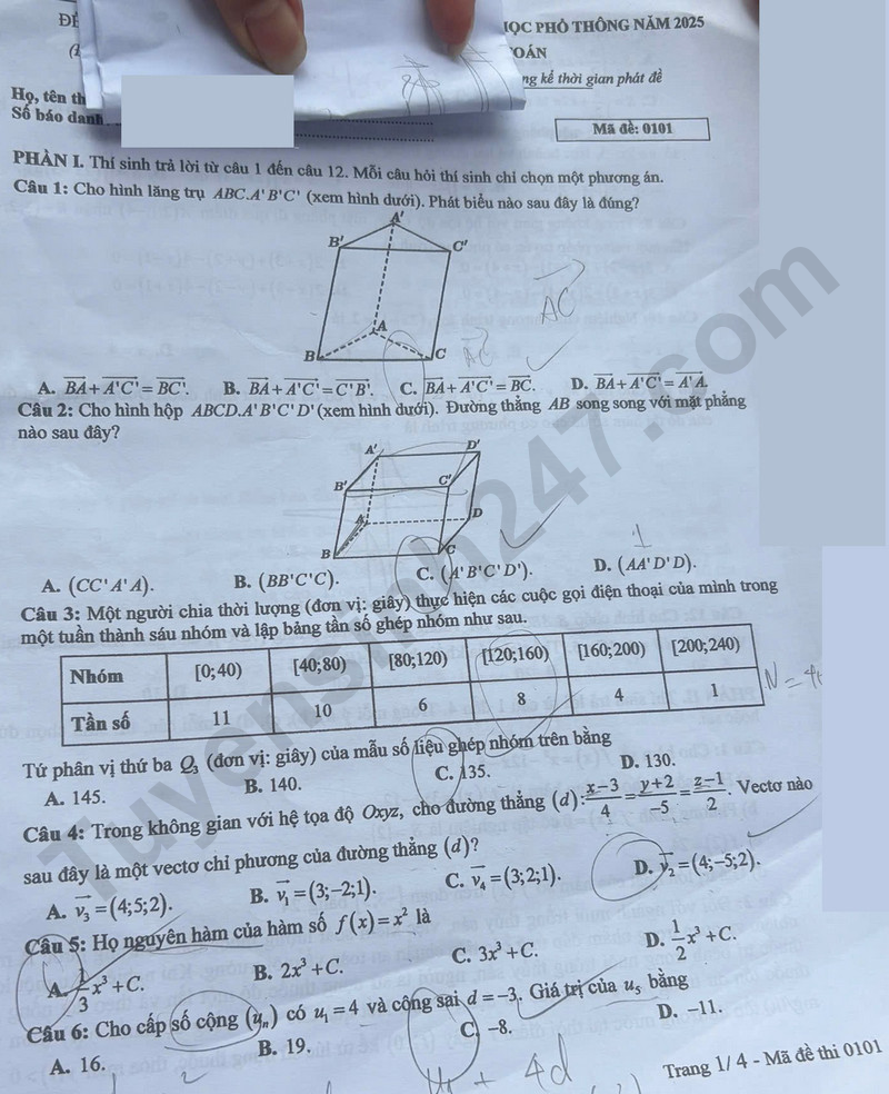 Dap an de thi mon Toan tot nghiep THPT 2025 ma de 0101