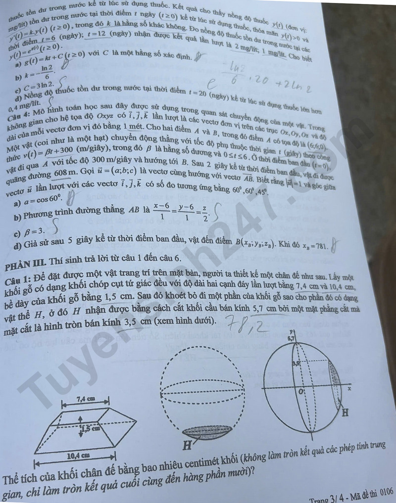 Dap an de thi mon Toan tot nghiep THPT nam 2025 - Ma de 0106