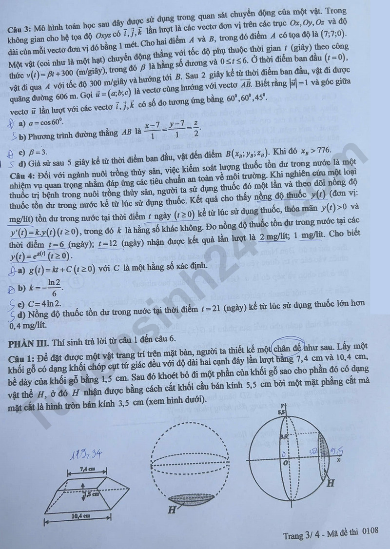 Dap an de thi tot nghiep THPT mon Toan 2025 - Ma de 0108