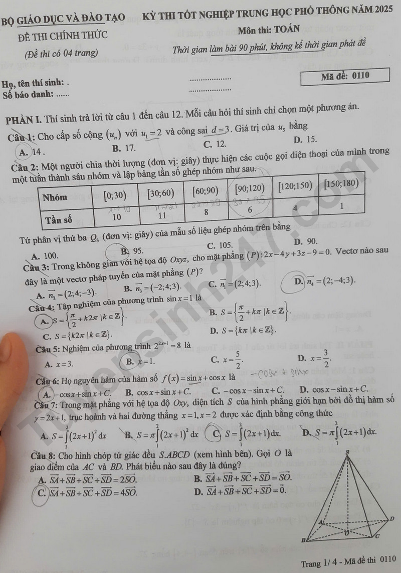 Dap an de thi tot nghiep THPT mon Toan ma de 0110 nam 2025