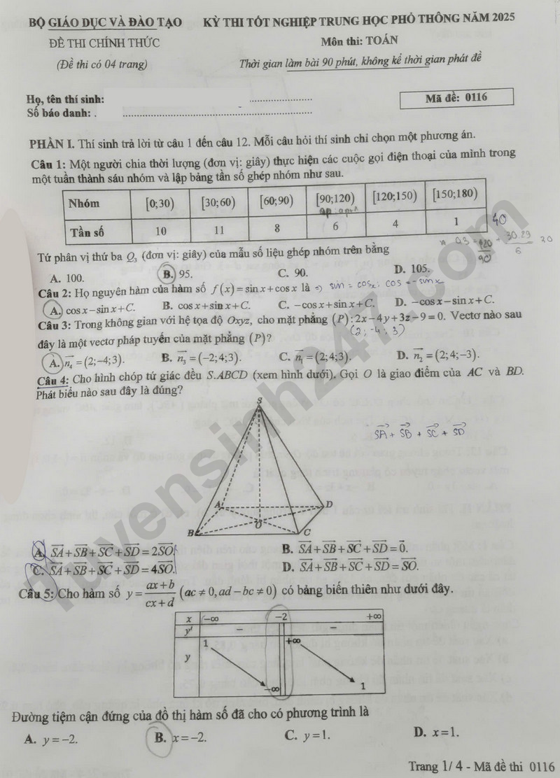 Dap an de thi tot nghiep THPT 2025 - Ma de 0116 mon Toan