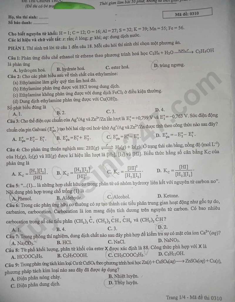 Dap an de thi tot nghiep THPT mon Hoa nam 2025 - Ma de 0310